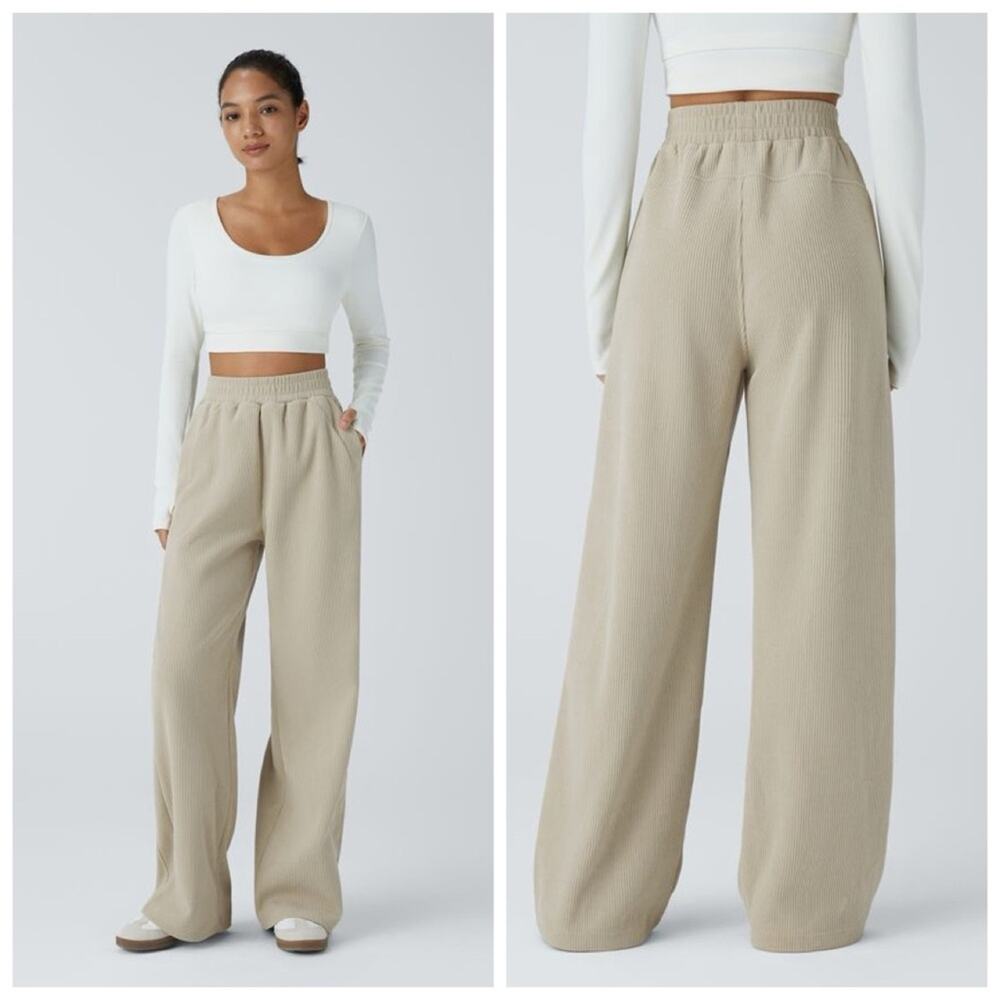 Halara NEW Corduroy High Waisted Full Length Pockets Straight Leg Pants Beige S